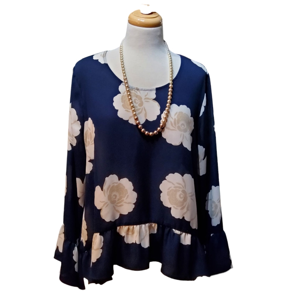 a.n.a Blue and Cream Ruffled Long Sleeve Blouse